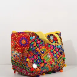 Exotic India Pure Cotton Shopper Bag from Kutch with Floral-Embroidery and Mirrors-16