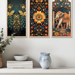 WALLLANE Navy Blue & Yellow 3 Piece Floral & Botanical Traditional Printed Wooden Wall Art-10