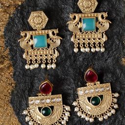 Zaveri Set Of 2 Gold-Plated Artificial Stones Studded & Beaded Contemporary Drop Earrings-16