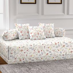 Aura Set Of 6 Off White & Red Printed Geometric TC Floral Diwan Set-16