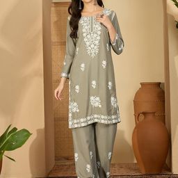 Sangria Women Grey Rayon White Embroidered Tunic with Palazzo Co-Ords-picture-4