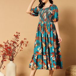 Krunal Raiyani Floral Printed Square Neck Smocked Puff Sleeve Fit & Flare Tiered Dress-picture-15