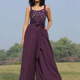 OKHAI Women Cranberry Pure Cotton Embroidered Sleeveless Jumpsuit-picture-43