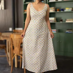 Nilam India Hand Block Print Yellow Sleeveless Midi Dress-image-2