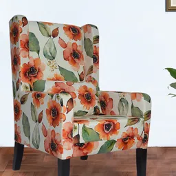 GLOBALLY INDIAN Beige & Orange Wingback Wooden Arm Lounge Chair-image-52