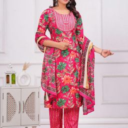 Aktasa Floral Printed Yoke Design Straight Pure Cotton Kurta With Trousers And Dupatta-picture-11