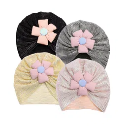 THE LITTLE LOOKERS Kids Pack Of 4 Soft Hosiery Turban Flower Bow Cap-14