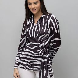 PURYS Animal Print Bell Sleeve Satin Wrap Top-image-7