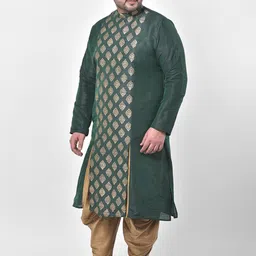 DEYANN PLUS Men Green Ethnic Motifs Printed Plus Size Dupion Silk Kurta with Dhoti Pants image 3