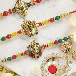 MEIRA JEWELLERY Set Of 3 Stone-Studded & Beaded Rakhi With Greeting Card Gift Set-15
