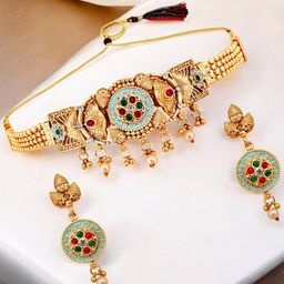 LUCKY JEWELLERY Gold-Plated Artificial Stone Studded & Beaded Jewellery Set-image-49