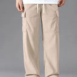 VOGAAN Men Self Design Striped Relaxed Loose Fit Cargo Trouser-image-60