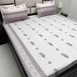 Pure Decor Grey & Pink Ethnic Motifs 400 TC Queen Bedsheet with 2 Pillow Covers-51