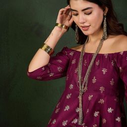 Sangria Printed Off Shoulder Ethnic Dress-image-98
