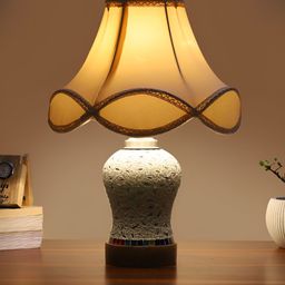 Devansh Off White Textured Wooden Frustum Shaped Table Lamp With Mosaic Glass Base image 2
