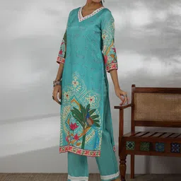 Libas Floral Printed V-Neck Regular Mirror Work Straight Kurta With Trousers With Dupatta image 4
