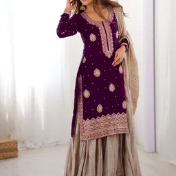 Fusionic Women Ethnic Motifs Embroidered Regular Kurta with Sharara & With Dupatta-picture-9