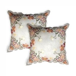 MONKDECOR White & Maroon Set of 2 Floral Embroidered Square Cushion Covers-27