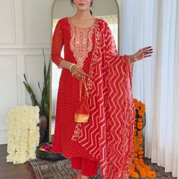 BAESD Bandhani Printed Zari Straight Kurta With Trousers And Dupatta-3