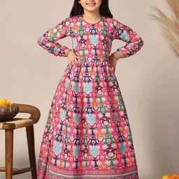 Sangria Girls Patola Printed Long Sleeve Fit & Flare Maxi Dress-picture-15