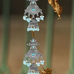 Sangria Silver-Plated Stones-Studded & Beaded Dome Shaped Oxidised Jhumka-41