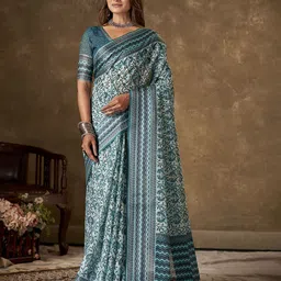 KAYOMMI Ajrak Block Pure Cotton Chanderi Saree-4