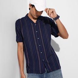 SF JEANS by Pantaloons Men Vertical Striped Cuban Collar Pure Cotton Casual Shirt-image-0