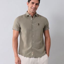 U.S. Polo Assn. Denim Co. Men Classic Fit Spread Collar Solid Linen Casual Shirt-image-87