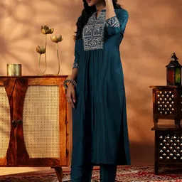 Libas Floral Yoke Design Pleated Thread Work A-Line Kurta with Palazzos & With Dupatta image 5