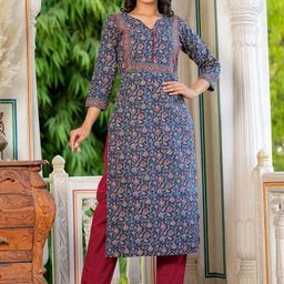 KALINI Floral Printed Notch Neck Pure Cotton Straight Kurta-picture-22