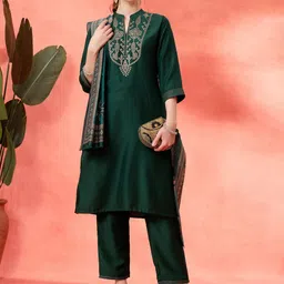 Nayam By Lakshita Floral Embroidered Straight Kurta with Trouser & Dupatta-image-99