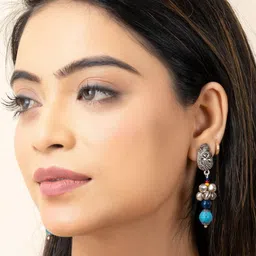 Look and Adorn German Silver-Plated Turquoise & Onyx Beaded Peacock Shaped Drop Earrings-image-71