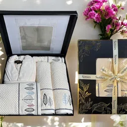 SENSES 550 GSM Ivory 5 Piece Cotton Bathrobe with Embroidered Towels & Hand Towel Gift Set-image-74