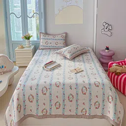 JC HOME White & Blue Floral Printed 162 TC Double Bed Superking Bed Cover Set-image-89