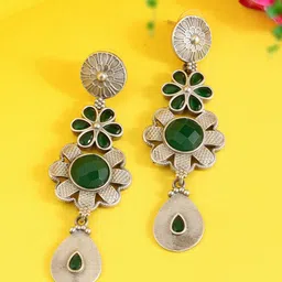 SANAA CREATIONS Silver-Plated Artificial Stones Studded Floral Oxidised Drop Earrings image 1