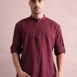 FILORI Polka Dot Printed Band Collar Pure Cotton Straight Short Kurta-image-26