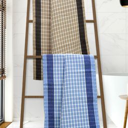 Athom Living White & Blue 2 Pieces Checked Cotton 210 GSM Bath Towels-image-39