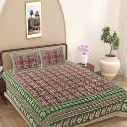 FrionKandy Living Green & Maroon Ethnic Motifs 180 TC King Bedsheet with 2 Pillow Covers-image-24