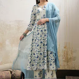 Shae by SASSAFRAS Floral Printed Notch Neck Pure Cotton Kurta With Palazzos & Dupatta-picture-46