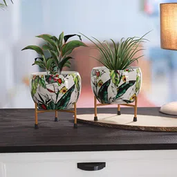 Homspurts 2-Pcs White & Green Printed Metal Planters With Stands-15