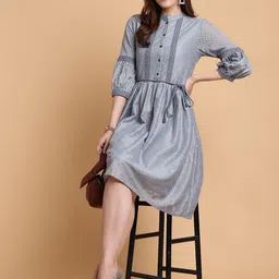 Tulsattva Women Self Design Mandarin Collar Puff Sleeves Midi Fit & Flare Dress-image-76