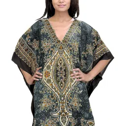 Exotic India Ethnic Motifs Printed Kaftan Midi Dress With Dori at Waist-picture-10