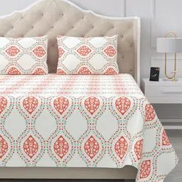 BELLA CASA Off White & Orange Ethnic Motifs 180 TC King Bedsheet with 2 Pillow Covers-picture-20