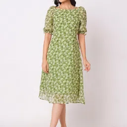 Selvia Women Floral Print Puff Sleeve A-Line Dress-image-58