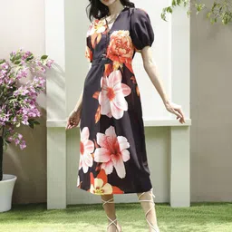Athena Floral Print Puff Sleeve Linen Fit & Flare Midi Dress-image-82
