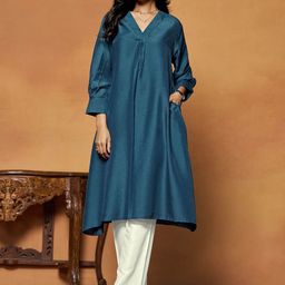 Sangria Blue V-Neck Cuffed Sleeves Pleated A-Line Kurta With Trouser-51