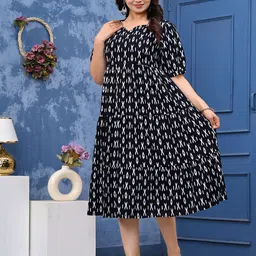 k d fab Women Printed Puff Sleeve Fit & Flare Tiered Midi Dress-image-78