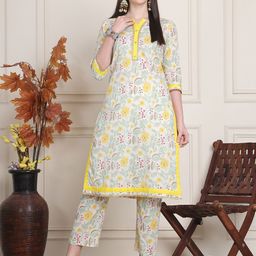 SOUNDARYA Women Floral Printed Regular Pure Cotton Kurta with Trousers-image-85