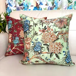 TARA- Sparkling Homes Red & Green Set of 2 Floral Satin Square Cushion Covers-19