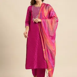 THE FAB FACTORY Women Solid Embroidered Kurta with Trousers & Dupatta-48